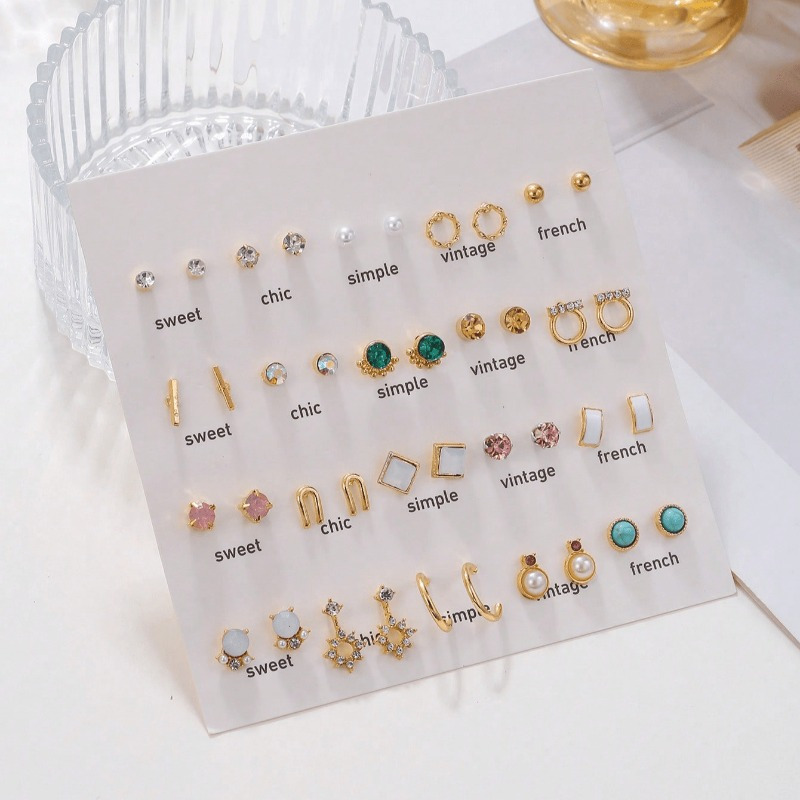 

40pairs/ Set Ladies' Geometric Faux Pearl & Rhinestone Decor Stud Earrings For Daily Wear