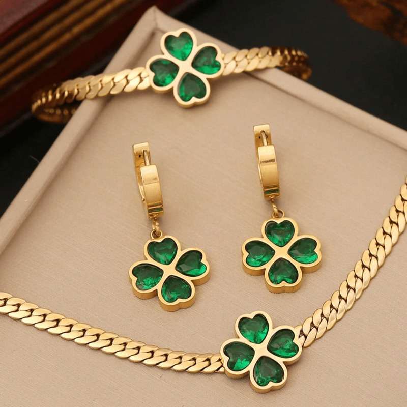 

Piece Women's Necklace, Bracelet And Earrings, Green Heart Cubic Zirconia And Flower Stainless Steel Jewelry Set, Suitable For Daily, Party, Vacation, Ideal For Valentine's Day, Day Gifts.