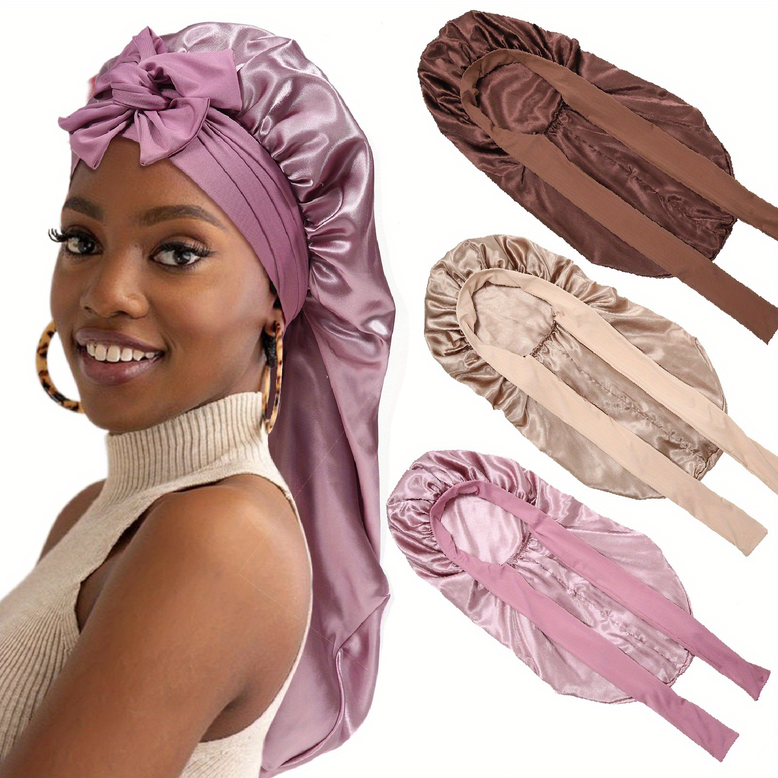 

Sleeping Long Bonnet Headband Satin Bonnet Headwrap Satin Bonnet For Sleeping Women, Double Bonnet With Tie Band Sleep Cap, Silk Hair Bonnet For Braids Curly Hair Headwear