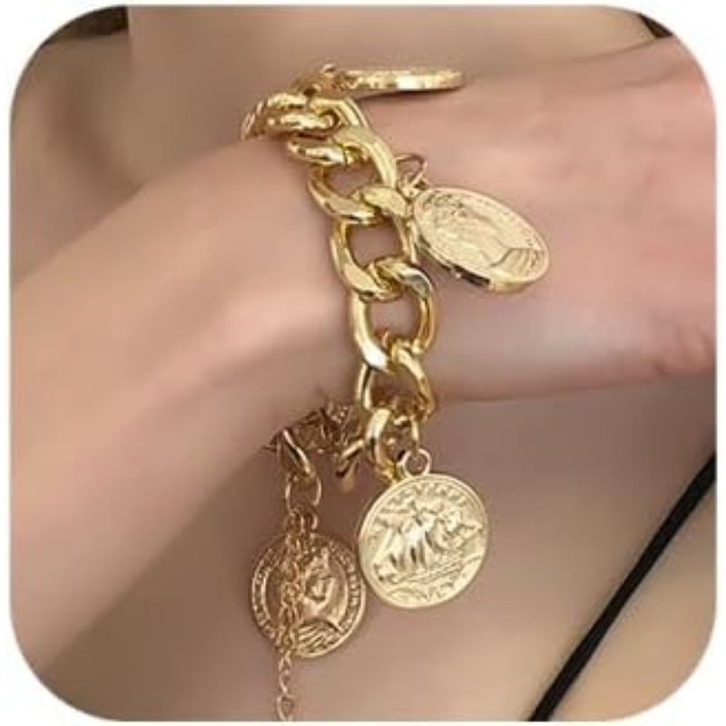 

2pcs Chunky Chain Bracelet Punk Cuban Curb Link Chain Bracelet Statement Golden Coin Bracelet For Women