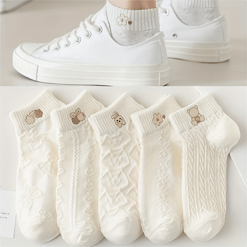 5-pair Cartoon Pattern Socks, Cute And Breathable Ankle Socks, Women's Stockings And Socks