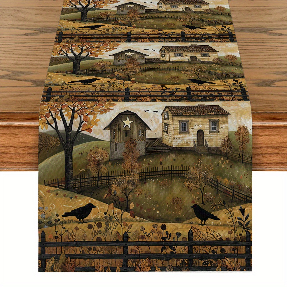 TEMU 1pc Autumn Farmhouse Table Runner - Rustic Barn & Design, Durable Polyester Rectangular Kitchen Dining Decor For Thanksgiving, , Home Table