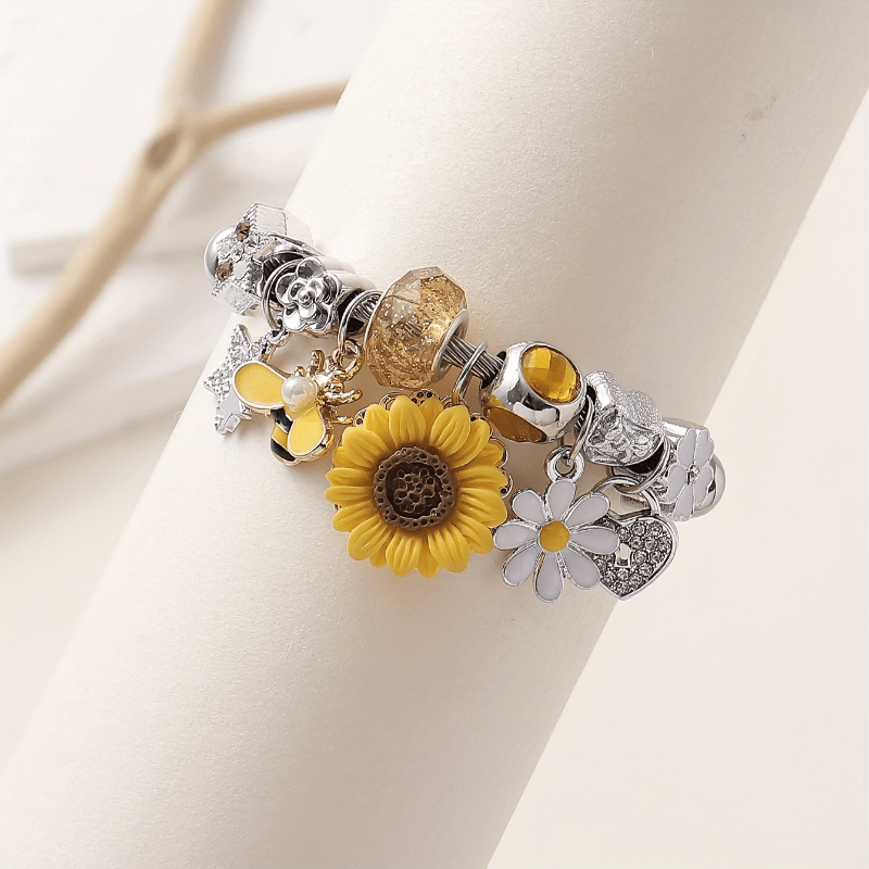 

Elegant Sunflower & Bee Charm Bracelet With Rhinestones - Stainless Steel, Parties, , And Casual Attire