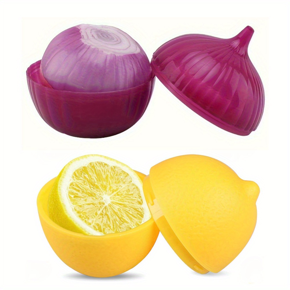 

2pcs Set Lemon & Onion Food Savers - Multipurpose Plastic Storage Containers, Freezer Safe, , Hand Wash, No Electricity Needed - Fruit & Vegetable Shaped Kitchen Boxes