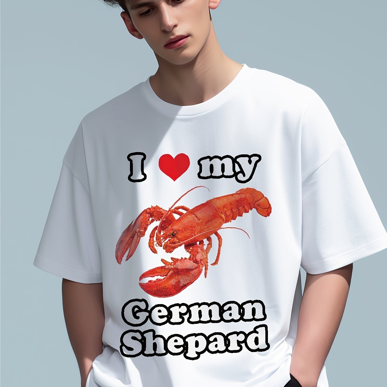 

Men's Lobster Illustration And I Love My German Shepard Letter Print Pure Cotton Crew Neck T-shirt, Fashion Top For Summer Casual And Outdoors Wear