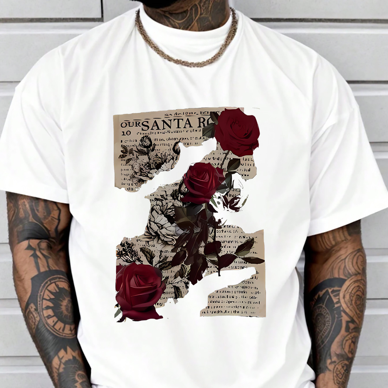 

Rose Print Comfortable And Shirt, Tees For Men, Casual Short Sleeve T-shirt For Summer