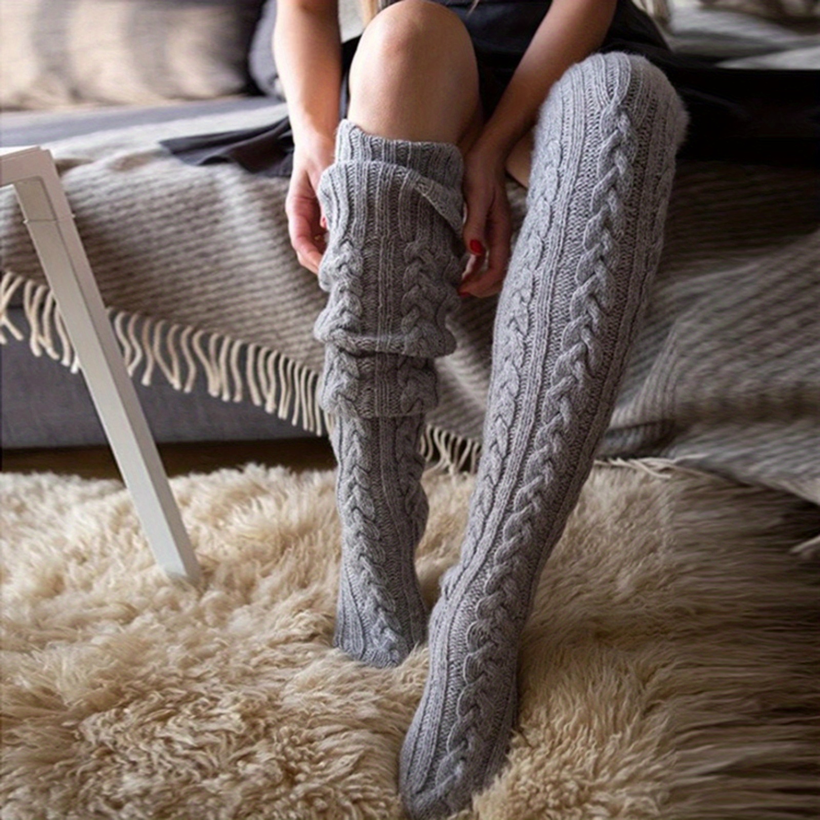 

Women's Thigh High Cable Knit Socks - Acrylic Over-the- Stockings, Solid Color Hand Wash Only Winter Leg Warmers