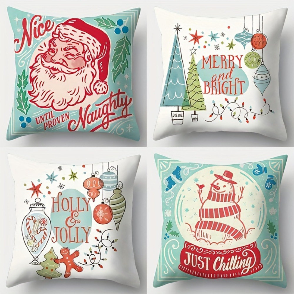 

4-pack Christmas Knit Polyester Throw Pillow Covers 18x18 - Traditional-style Zippered Cushion Cases With Santa, Snowman, & For Home & Sofa Decor, Machine Washable