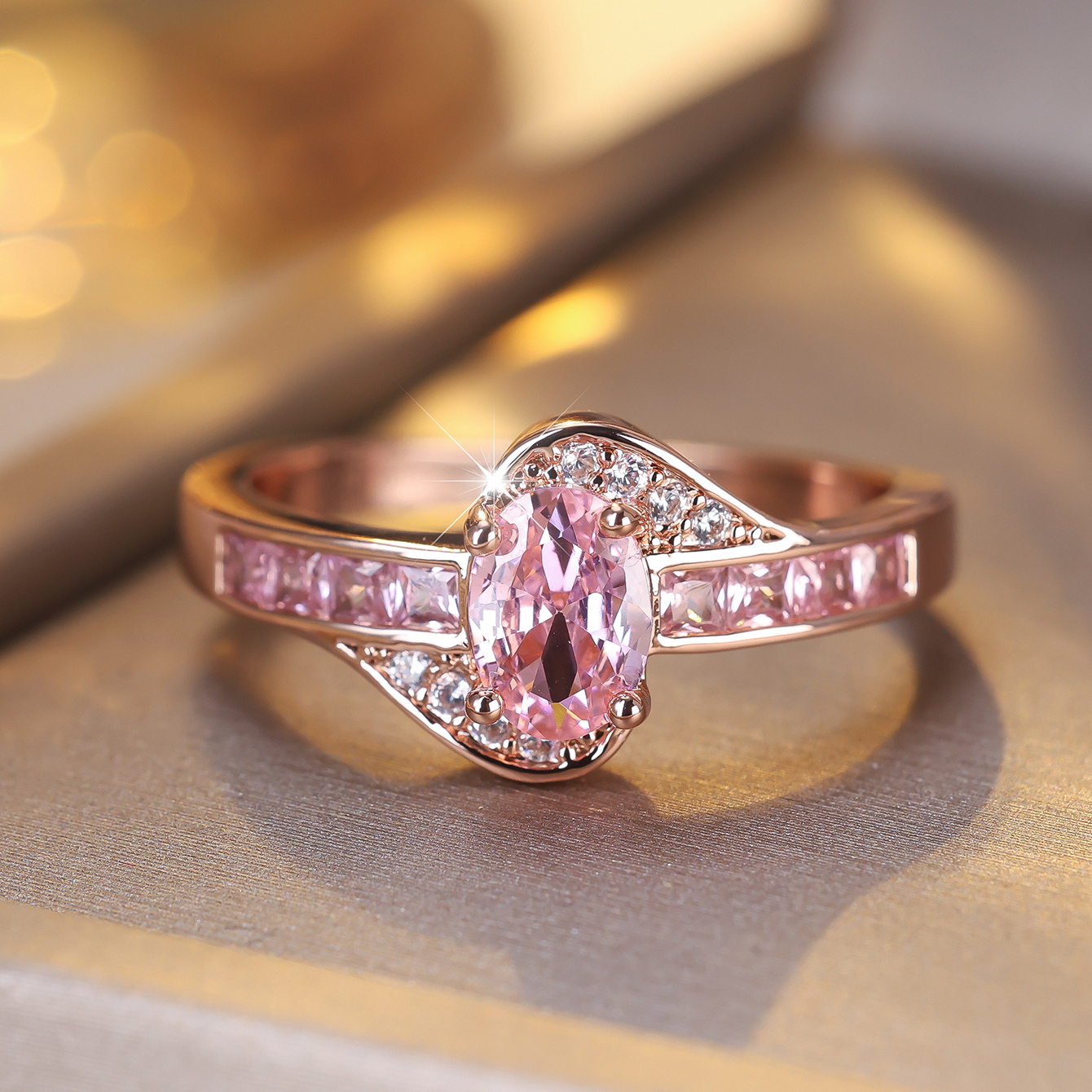 

Elegant Pink Cubic Zirconia Engagement Ring - Luxurious Bridal Jewelry For Weddings & Parties, Copper Band