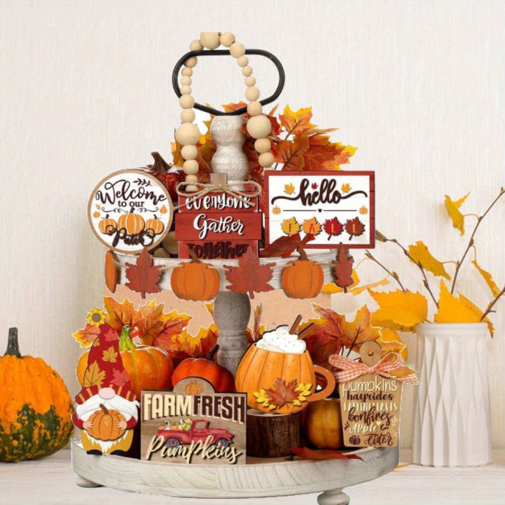 

15pcs Fall Tiered Tray Decor Pumpkins Farmhouse Decor Autumn Maple Leaf Table Centerpieces Thanksgiving Harvest Wood Blocks Signs For Home Decor