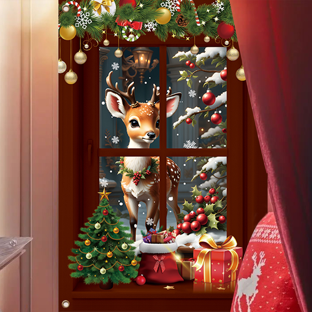 

1pc, Merry Christmas Window Banner, Sika Deer Snowflakes Falling Pattern, Suitable For New Year Christmas Party Window Background Decoration Indoor Home Wall Window Supplies