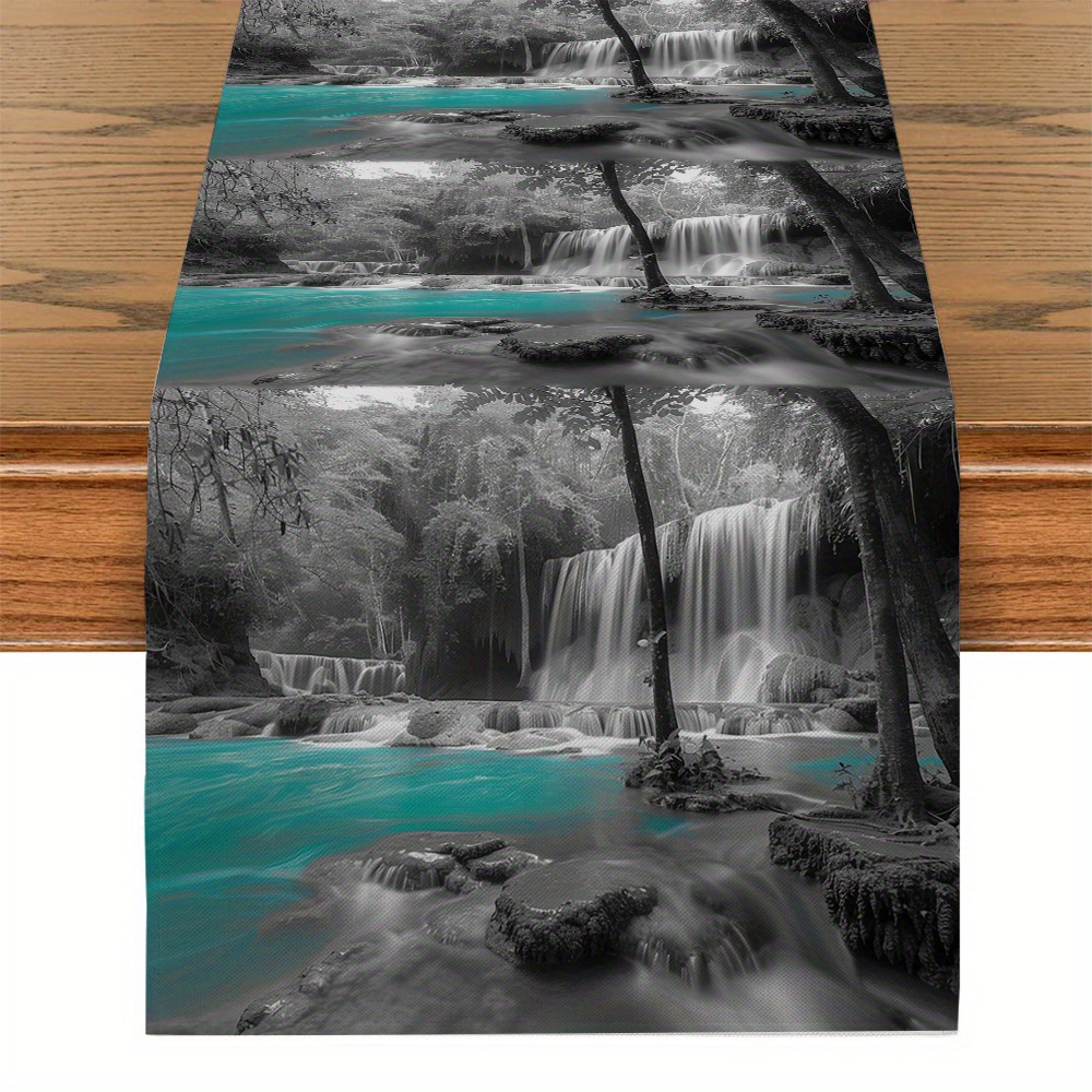 Waterfall Scenery Table Runner Grey Blue Polyester - Temu