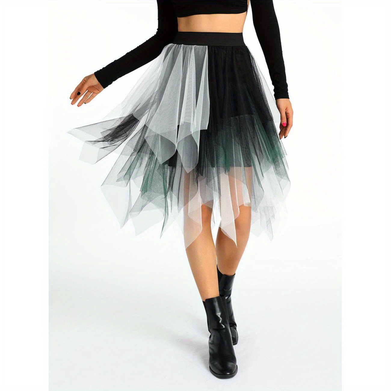 

Color Block Elastic Waist Skirt, Elegant Tiered Irregular Tulle Skirt For Party, Women's Clothing