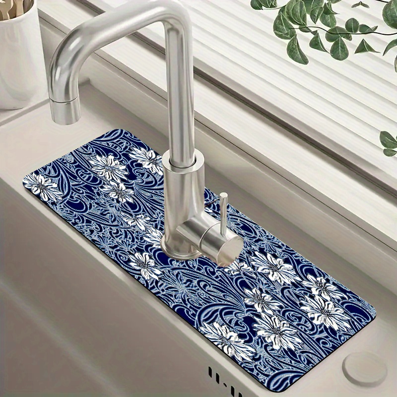 

Bohemian Blue Floral Faucet Drain Mat - Quick-dry, Polyester Countertop Protector For Kitchen & Bathroom Sinks