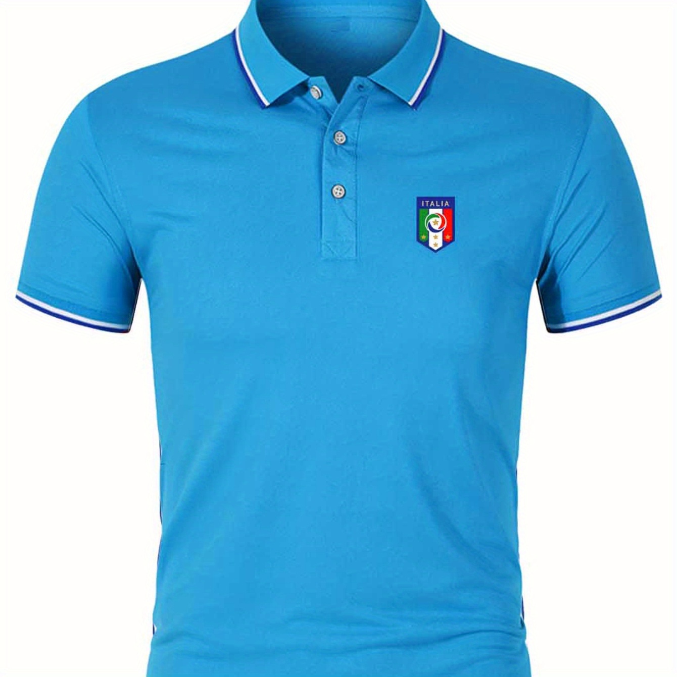 

Italia Badge Print Short Sleeve Summer Men's Comfortable And Breathable Regular Fit Case Golf T-shirt, Button Lapel Paul Shirt For Men Daily Wear