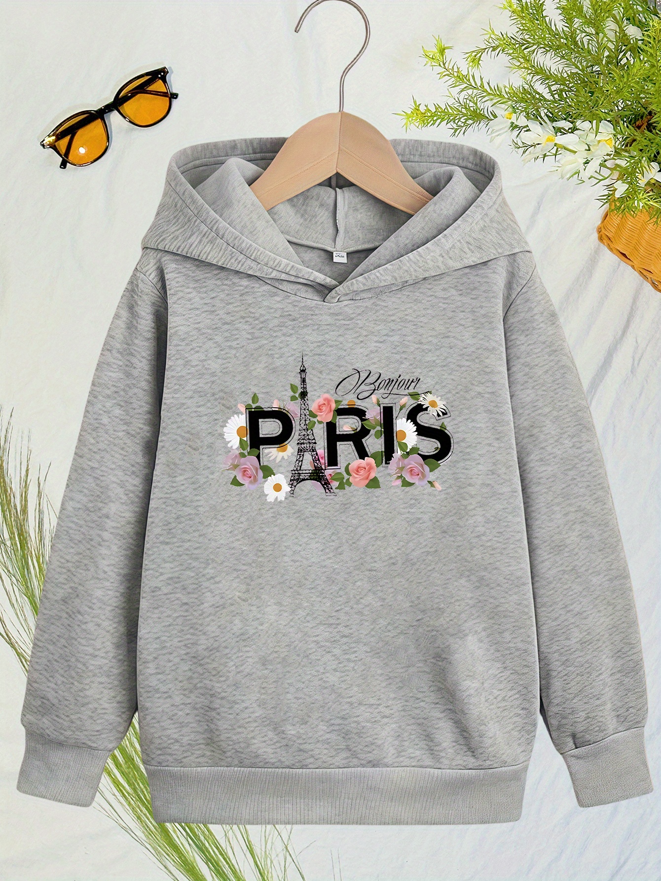 Cozy Cute Girls' Hoodie with Floral Letter Print Soft Polyester, Casual  Fit for Fall/Winter