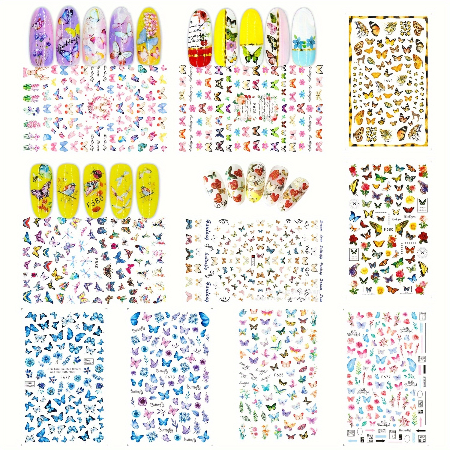 TEMU 20 Sheets Nail Stickers Self-adhesive Nail Art Decals Nail Designs Butterflies Flowers Pattern Decorations For Nail Art Supplies