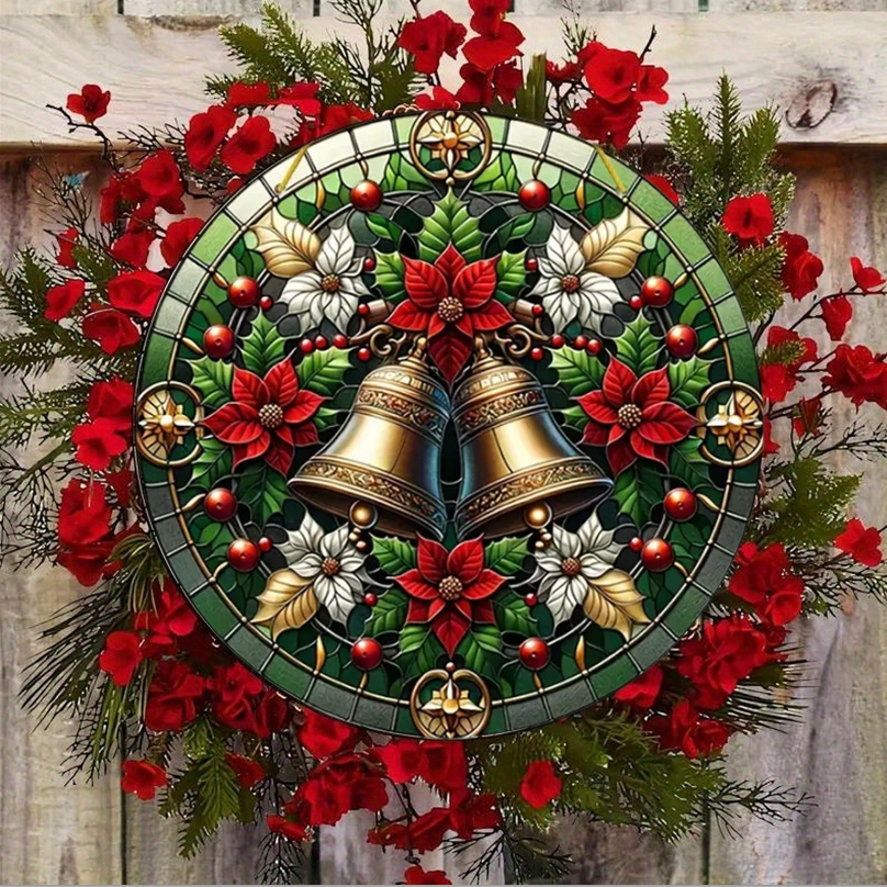 

Christmas Double-sided Christmas Bells Poinsettia Suncatcher, Acrylic Window Door Hanging Decor, For Home Living Room Bathroom Bar Cafe Garden Wall, Festive Party Decoration