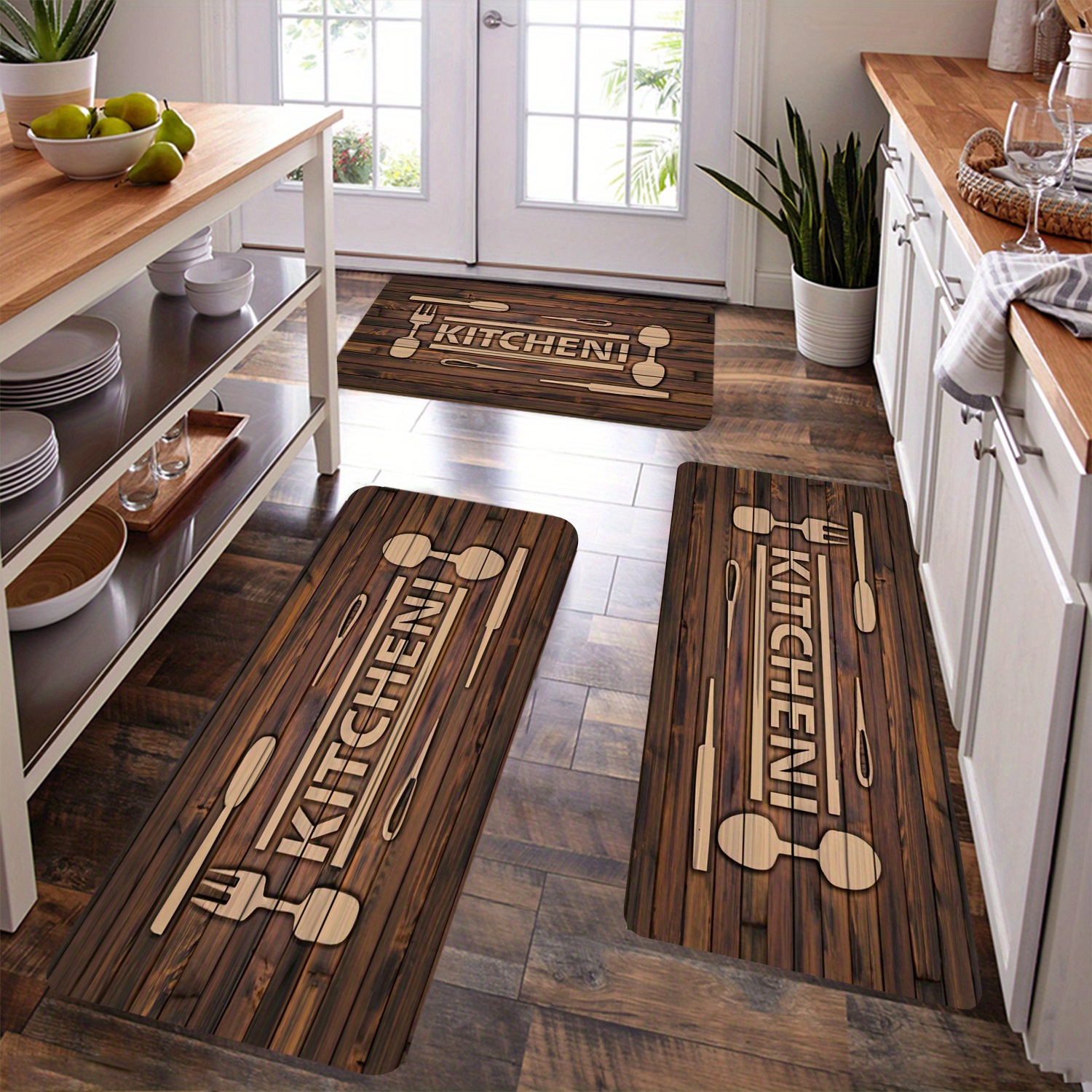 

3-piece Set Kitchen Rugs With Text Pattern, Flannel, Soft And Comfortable, Machine Washable, Non-slip, Oil And Water Resistant, Quick Drying, For Indoor Use, Bedroom, Room Decor - Polyester