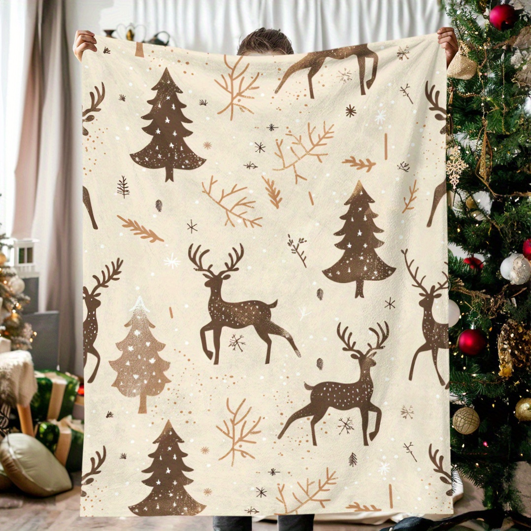 

Christmas Elk And Trees Flannel Throw Blanket – Contemporary Digital Printed Soft Cozy Polyester Knitted Quilt, For Travel, Office, Home – Snowflakes & Plant Patterns