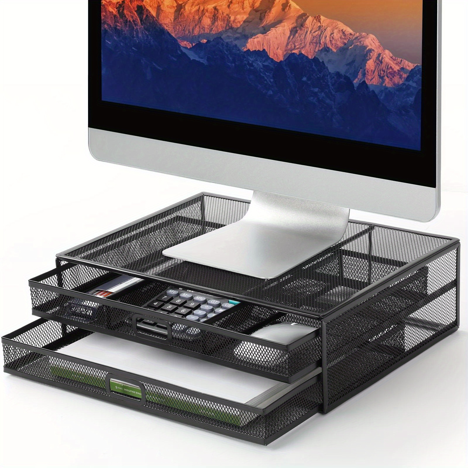 Support Surélevé Pour écran De Bureau - 2 Niveaux - 49x20x11 Cm - PVC/bois - Rehausseur Moniteur Avec Rangement