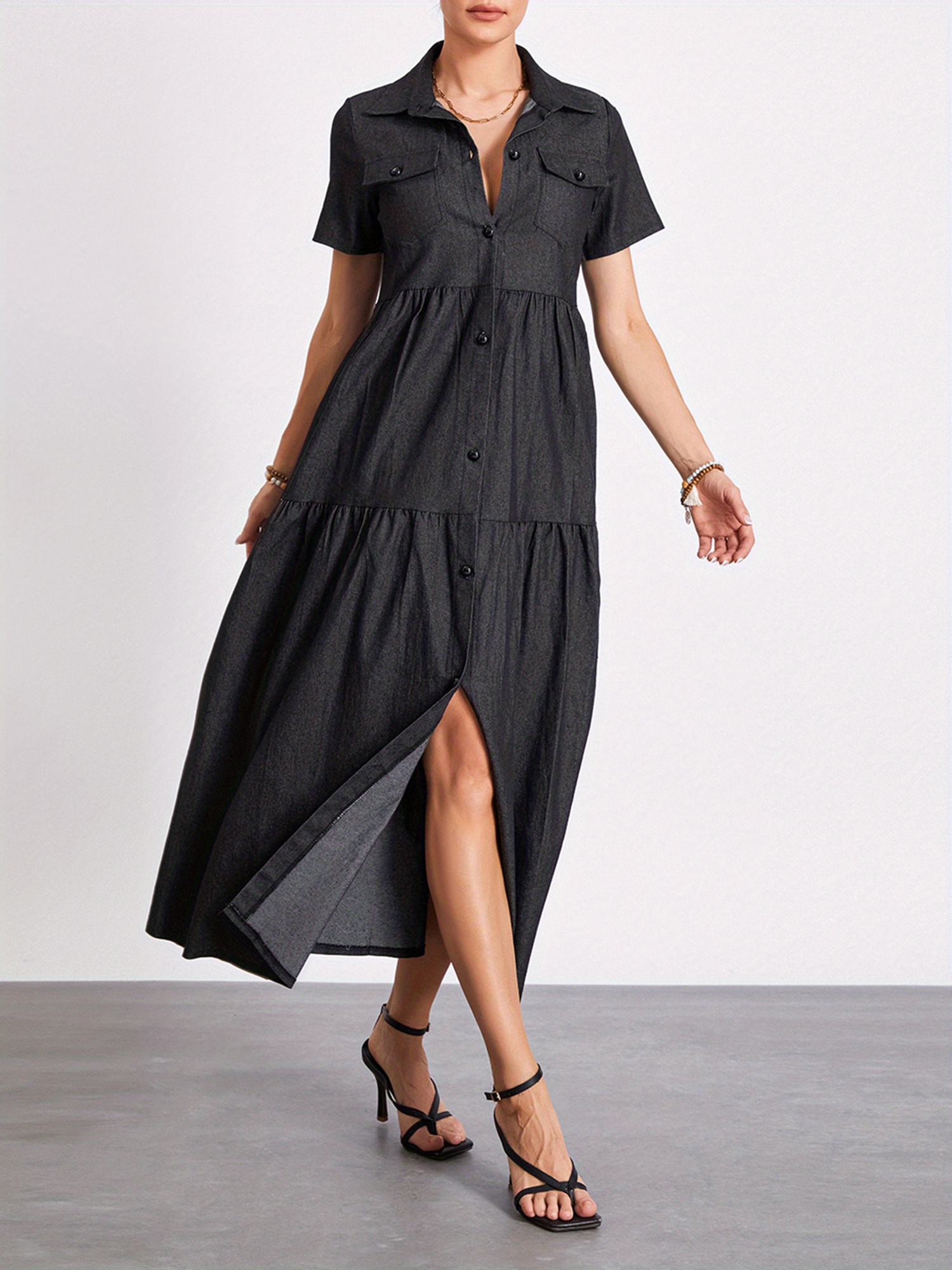 womens plus size denim dress short sleeve turn collar button - Temu