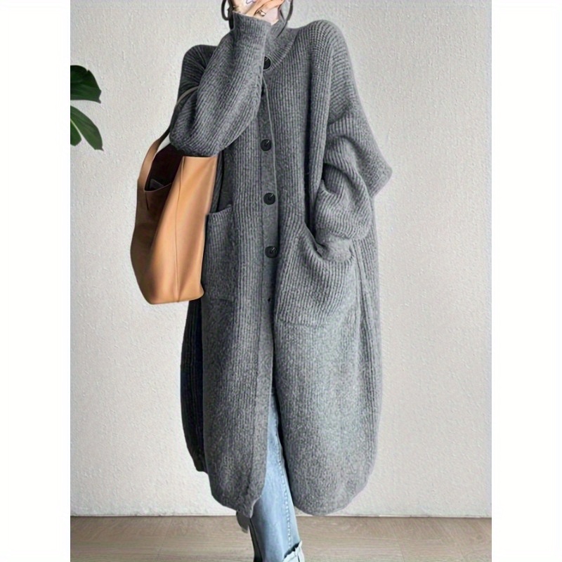 

Single Breasted Pockets Duster Cardigan, Elegant Long Sleeve Cardigan For Fall & Winter, Women's Clothing