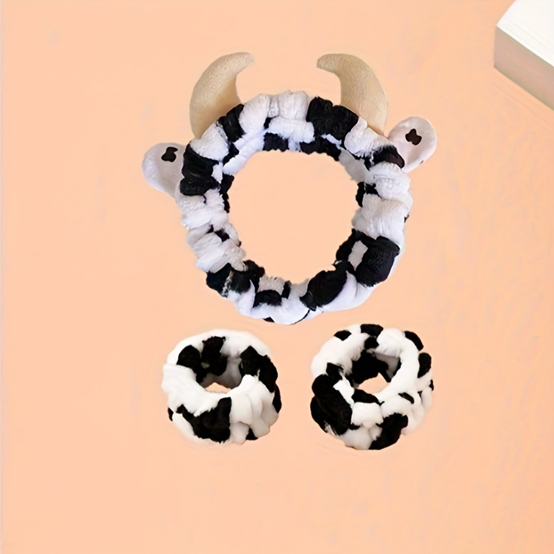 TEMU 1pc Cow Print Shower Headband & 2pcs Wristbands - Soft Polyester Facial Makeup Bands For Hair Care, Black And White Spotted Design, Cleansing Face And Applying Makeup