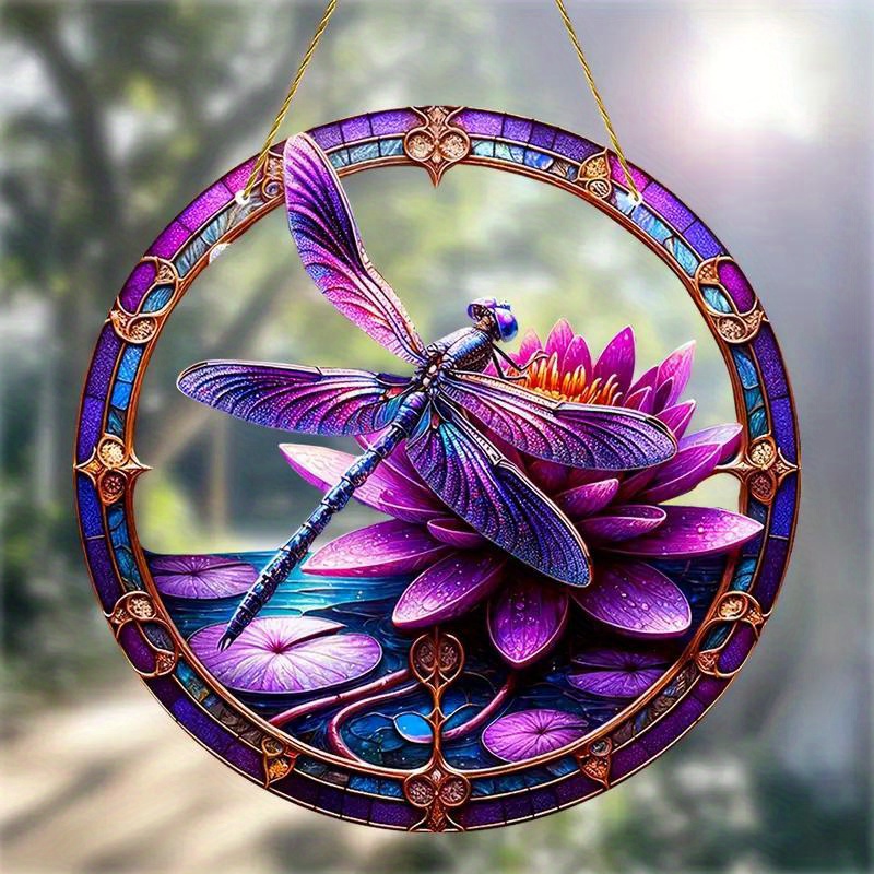 

2d Flat, 2d Flat Purple Dragonfly Sun - Acrylic Stained Glass Window Door Hanging, Lotus-inspired Art For Garden, Yard, Farmhouse, Bedroom & Living Room Decor, Indoor & Outdoor Universal