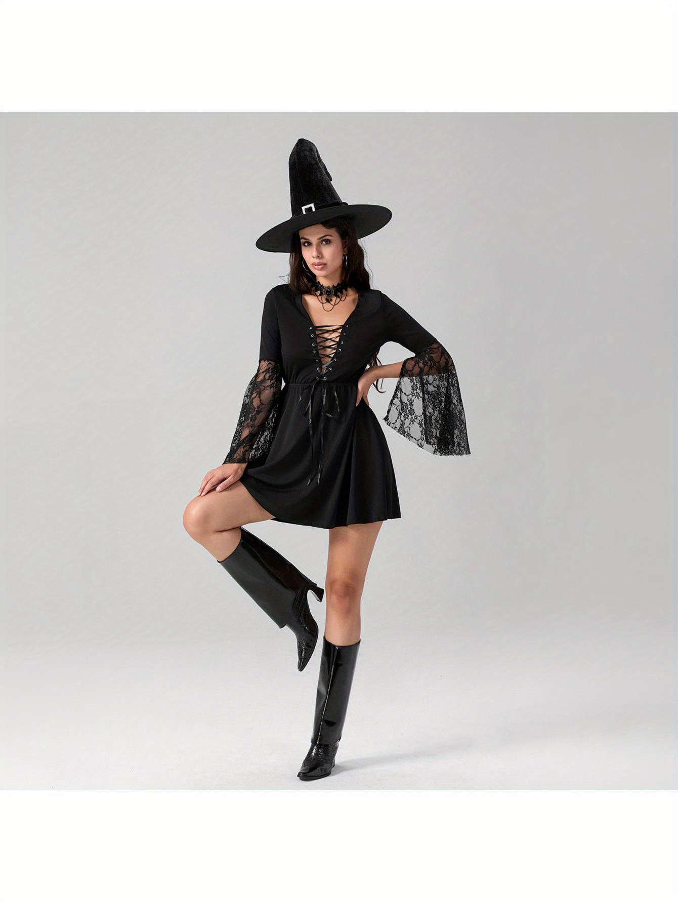 Femme, Noir, Efayant, Sorcière, Halloween, Déguisement, Tenue, Spooky, Sorcière, Chaudron