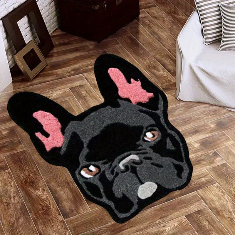 

Fluffy French Bulldog Area Rug - Non-slip, Washable High Pile Bedroom & Porch Mat, Indoor Polyester Rug With Vinyl Backing, Machine Made Irregular Shaped Decorative Animal Rug