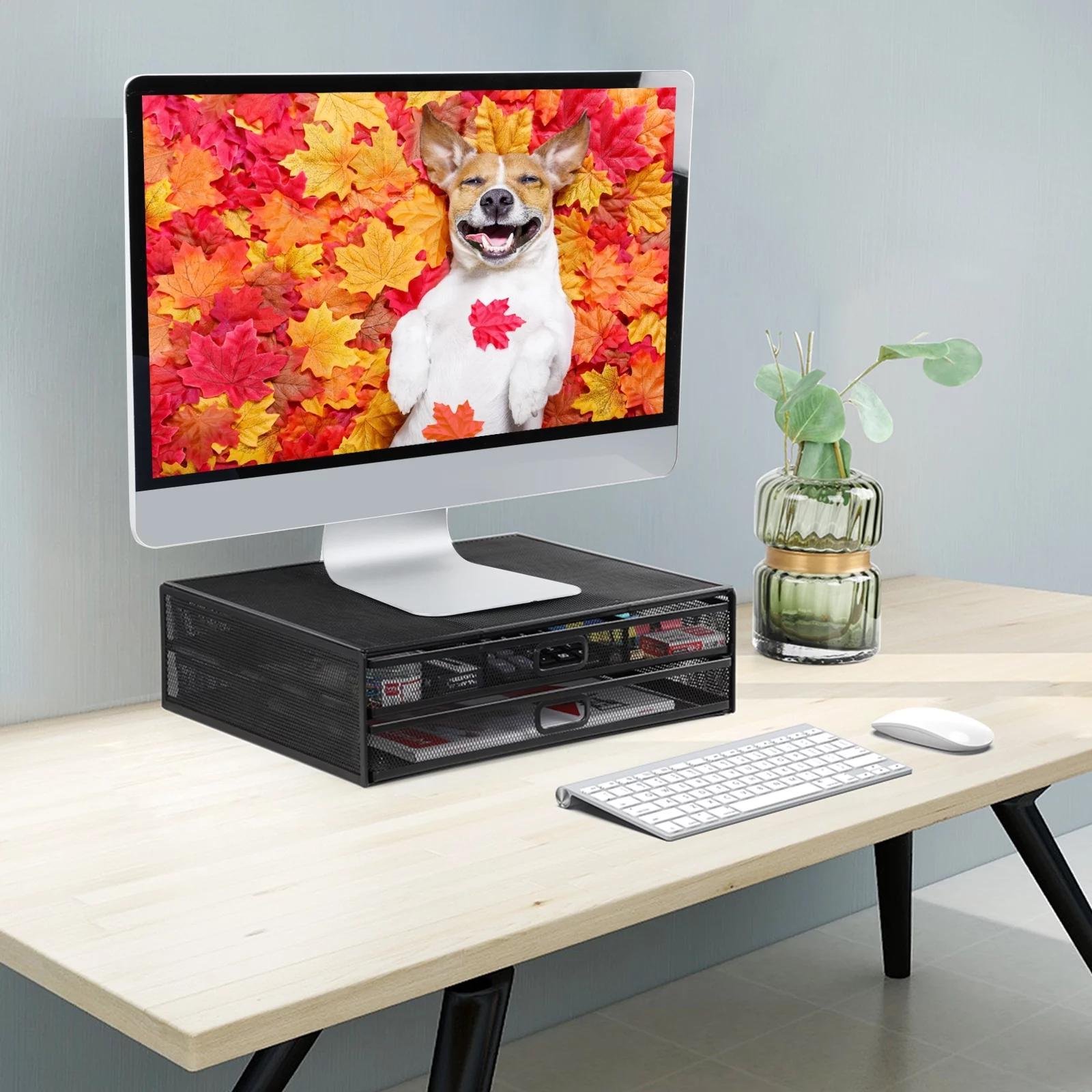 Support De Moniteur, Bambou, Rehausseur Écran, 3 Compartiments, Porte