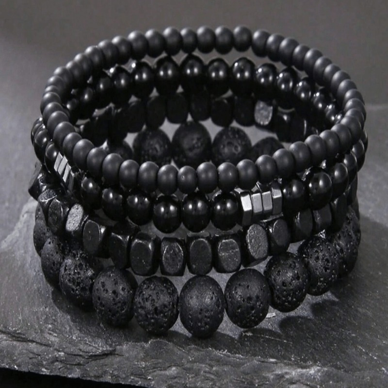 

4pcs/ Set Volcanic Stone Wood Beads Multi-layer Men's Bracelet Combination Set Elastic Bracelet