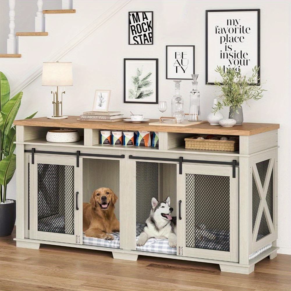 

Furniture Style Large Dog Crate For 2 Dogs, 71 Inch Wood Dog Kennel, Dog Crate End Table With Double Doors Divider Tv Cansole Table, Indoor Dog Cage For Large Dog, 71" L X 23.6" W X 36" H