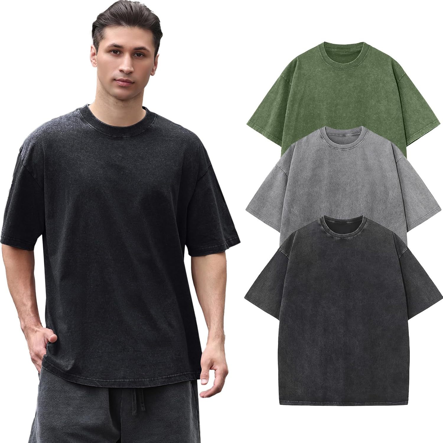 

3pcs Men's Oversized Cotton T-shirts Loose Fit Vintage Washed Tee Unisex Heavyweight Short Sleeve Casual Shirts Tops Wash Crew Neck Loose Fit Basic Streetwear Baggy Tops