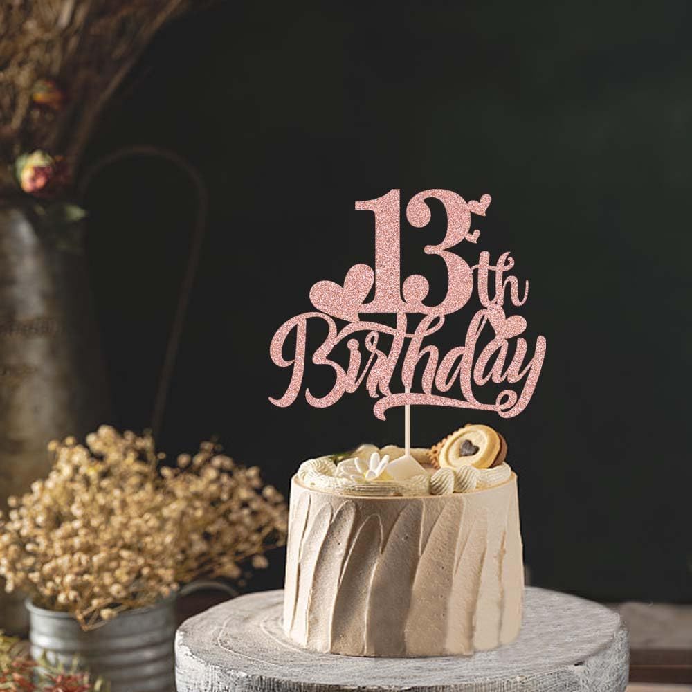Tortenaufsatz Happy 13th Birthday, Rotgoldener Glitzer – Kuchendekoration Zum 13. Geburtstag