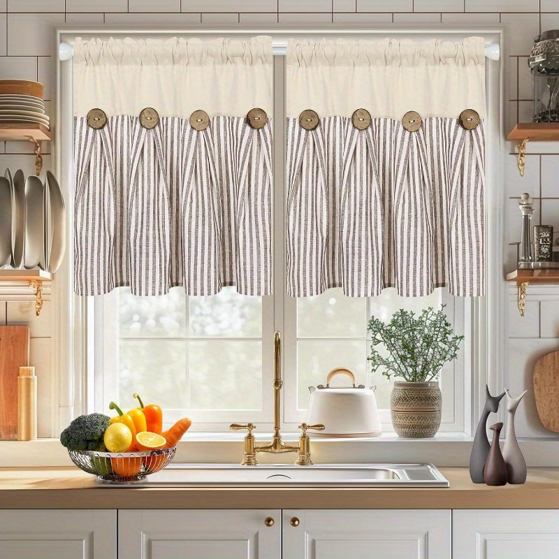 Rustic Chic Cotton Linen Kitchen Valance Curtains - Farmhouse Style Window Treatments with Boho Stripe Pattern, Tie Up Design, and Button Accent - Perfect for Bathroom, Cafe, and Kitchen Windows