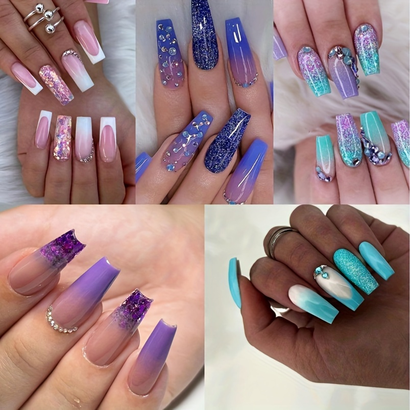TEMU 5pcs Medium Coffin Press On Nails Blue Purple Green Pink Gradient Fake Nails, Glossy Glue On Nails, Glitter Artificial False Nails With Double