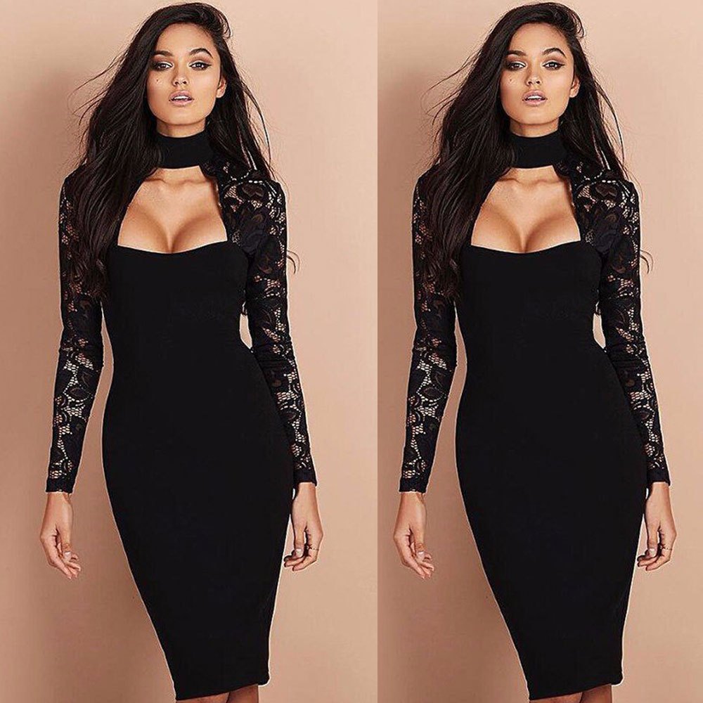 

Women Formal Dress, Long Sleeve Lace Turtleneck Hollow Chest Dress, Back Zipper Up Slim Outfit For Parties, Bar, Night Club