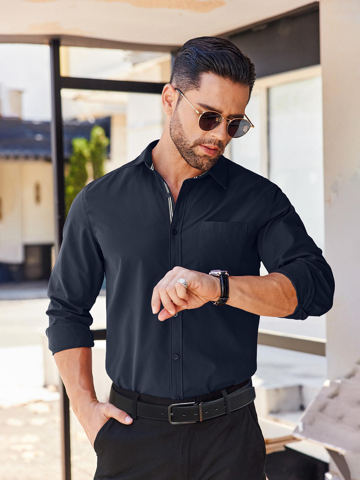 HOT Blue Shirt Black Pants Men Casual Navy Blue Shirt Black