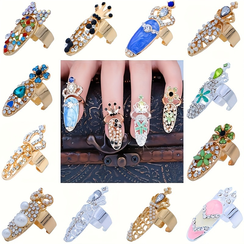 12 pcs women luxury fingernails ring fashion bowknot knuckle nail ring decoration tip nail art charm crown flower crystal rhinestone finger nail rings 6