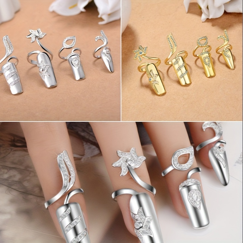 

8pcs Women Fingernail Rings Rhinestones Finger Tip Rings Silver Opening Ring Nail Decoration Nail Protecting Fingernail