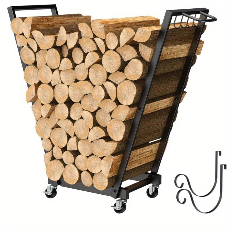 

Rolling Firewood Rack On Lockable Wheels, Movable Holder Log Storage Stacker Stand For Outdoor Indoor Fireplace With Handle, 4 Hooks