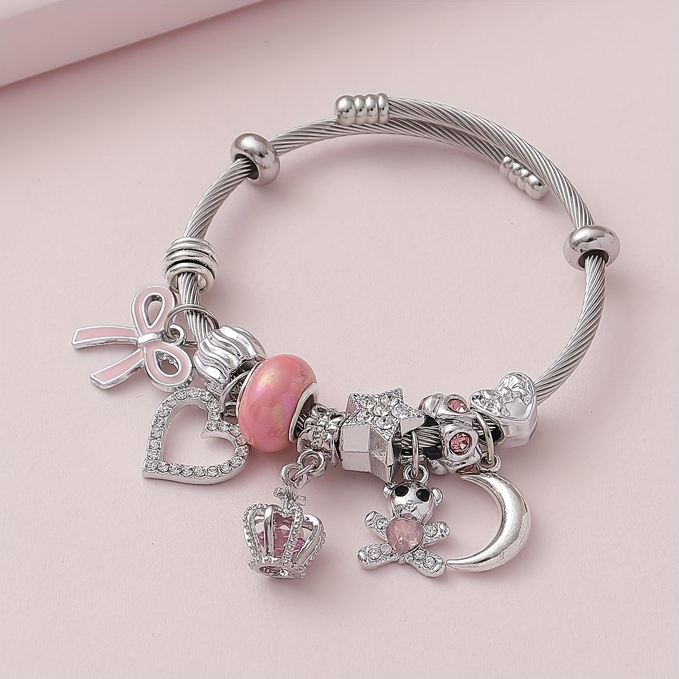 

Bracelet, Elegant Luxury Stainless Steel Bracelet With Rhinestone Crown, Bow, Moon And Heart Charm