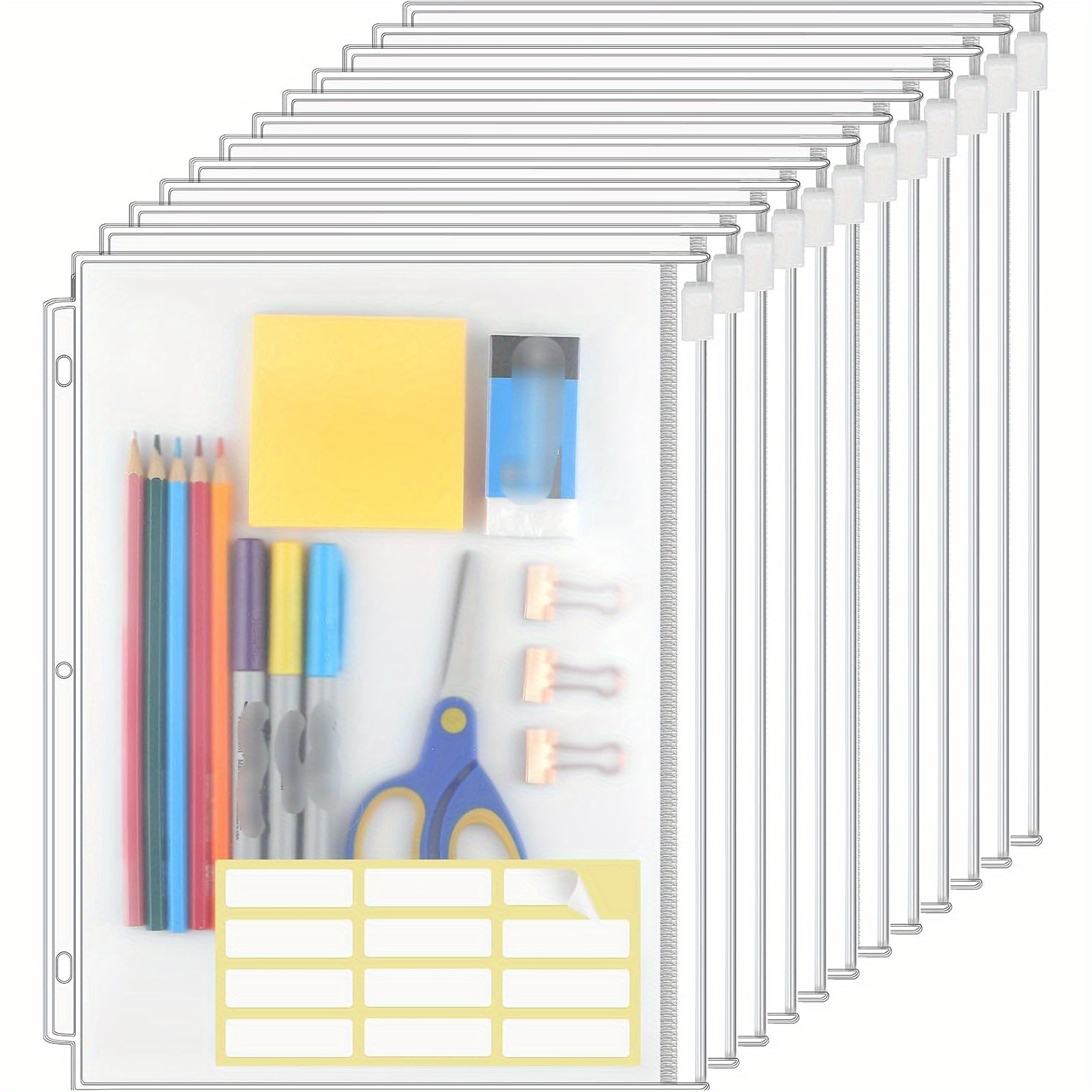 

12pcs Clear Pvc Zipper Binder Pockets, Letter Size, 3-ring Design For Easy Organization - Office & School Supplies, Documents, And Stationery Storage