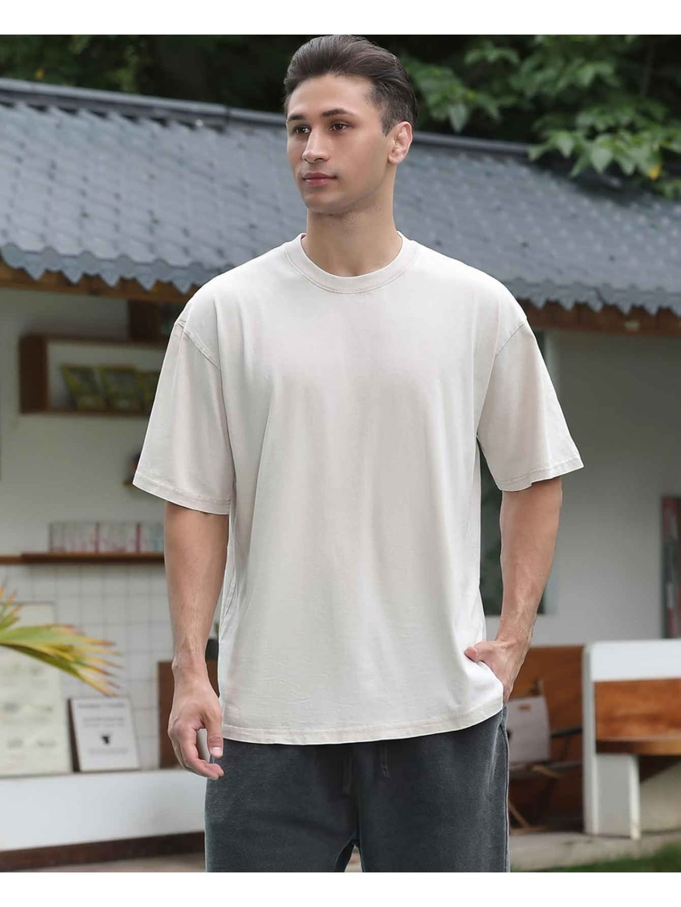 Curved Hem Shirt Men Short-sleeve Vintage-wash Cotton Henley For