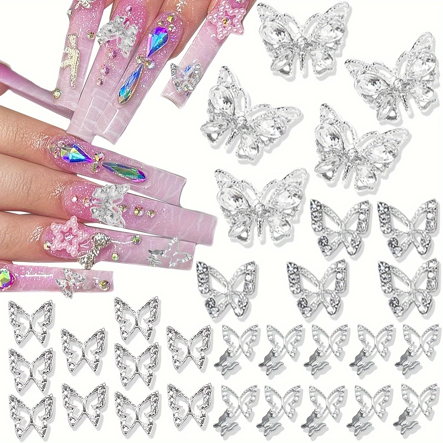 

100pcs Butterfly Nail Charms Silver 3d Butterflies Charms For Nails Nail Art Jewelry With Rhinestone Nail Gems For Manicure Nail Decoration Accessories For Women And Girls