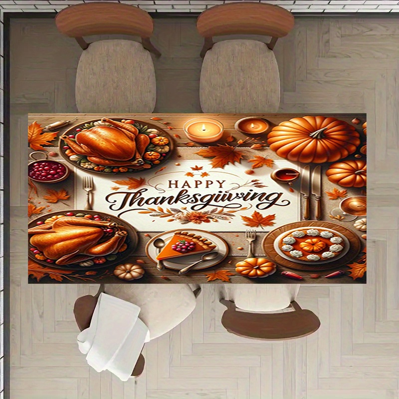 

Happy Thanksgiving Pumpkin & Turkey Print Polyester Tablecloth, Woven Machine-made Square Dining Decor For Picnics & Holiday Gatherings