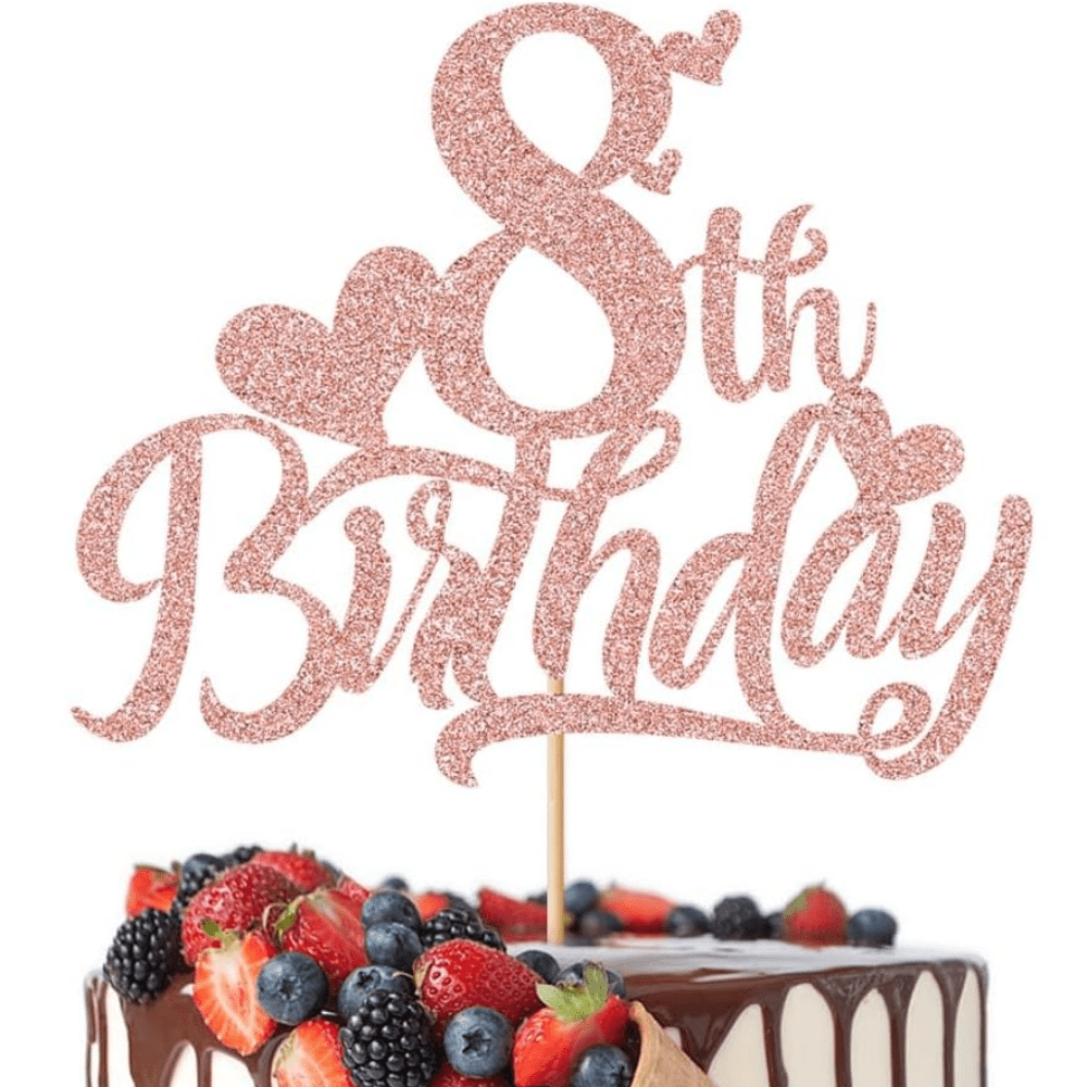 Image of 1pc, Rose Golden 8th Birthday Cake Topper, Happy 8th Birthday Cake Topper, Glittery Birthday Cake Decorations, Supplies For Anniversary Party Or Celebration For An -year-old's Birthday