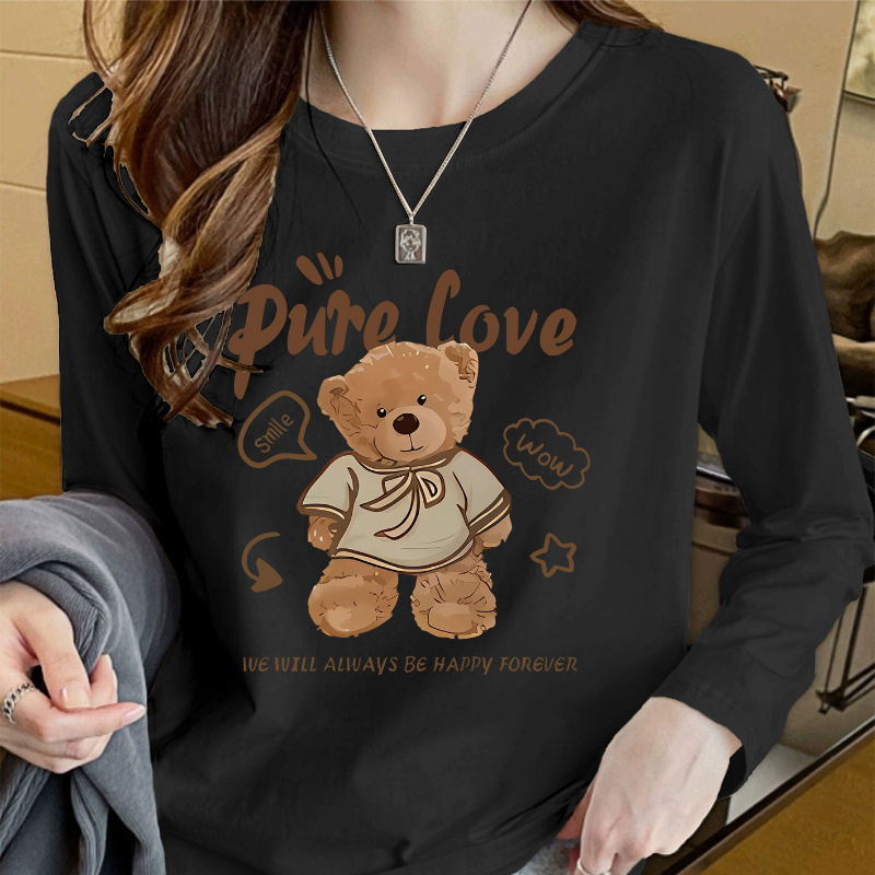 

Bear & Letter Print T-shirt, Long Sleeve Crew Neck Casual Top For Spring & Fall, Women's Clothing